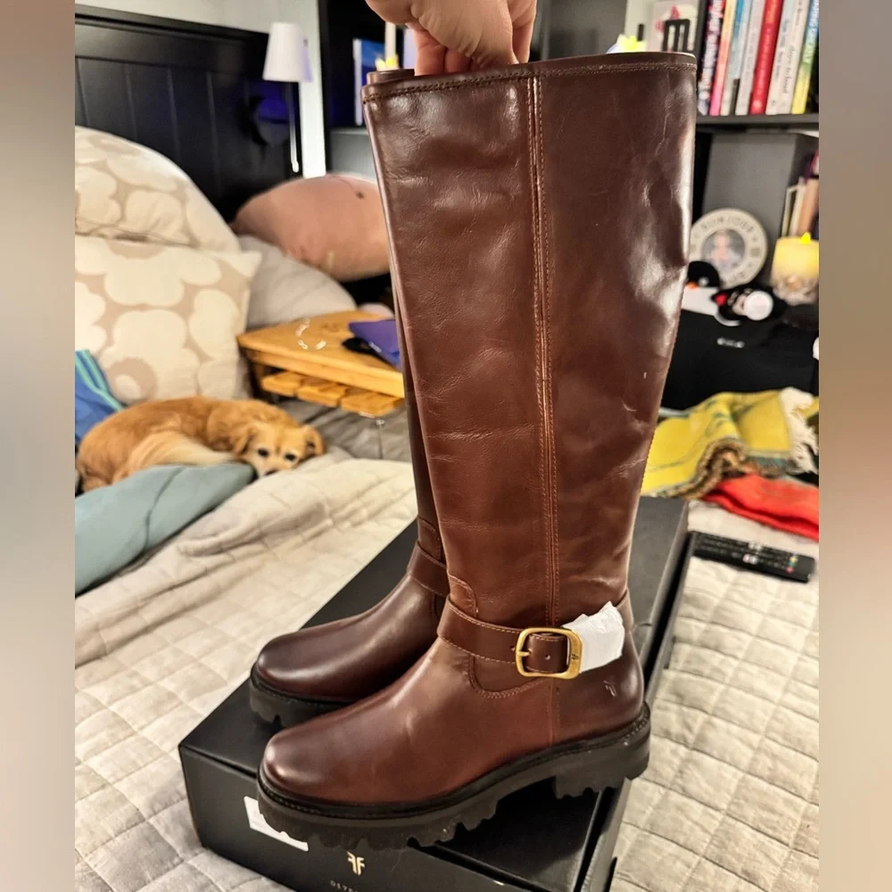 NWT in Box Frye Olivia Buckle Tall Boots - Bourbon (Deep Burgundy Brown)